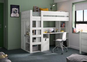 Lugano πολυμορφικό υπερυψωμένο κρεβάτι με σκάλα, γραφείο,βιβλιοθήκη & ντουλάπα 205x99x169εκ. ( για στρώμα 90x200εκ. ) Whitewashed Oak