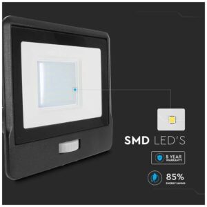 V-TAC Προβολέας LED Samsung chip 30W Ψυχρό λευκό 6500K Μαύρο σώμα με ανιχνευτή 1m καλώδιο 20288