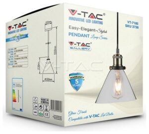 Κρεμαστό Φωτιστικό Vintage V-TAC Χωνί Διάφανο Γυαλί και ντουί Ε27 Φ180mm 3738
