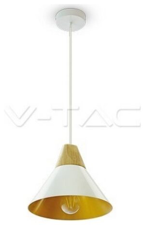 Κρεμαστό Φωτιστικό V-TAC Καπέλο Κώνος Αλουμίνιο Λευκό με Ξύλινη Βάση και ντουί Ε27 Φ260mm 3756
