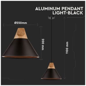 Κρεμαστό Φωτιστικό V-TAC Καπέλο Κώνος Αλουμίνιο Μαύρο με Ξύλινη Βάση και ντουί Ε27 Φ260mm 3757