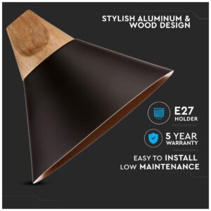 Κρεμαστό Φωτιστικό V-TAC Καπέλο Κώνος Αλουμίνιο Μαύρο με Ξύλινη Βάση και ντουί Ε27 Φ260mm 3757