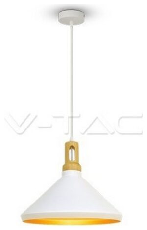 Κρεμαστό Φωτιστικό V-TAC Μεταλλικό Κωνική Καμπάνα Λευκό με Ξύλινη Βάση και ντουί Ε27 Φ350mm 3763