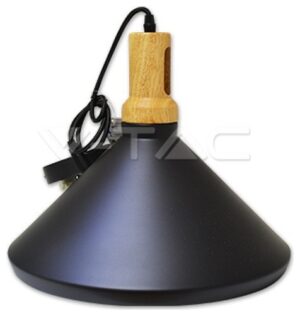 Κρεμαστό Φωτιστικό V-TAC Μεταλλικό Κωνική Καμπάνα Μαύρο με Ξύλινη Βάση και ντουί Ε27 Φ350mm 3764