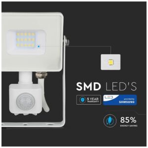 LED Προβολέας 10W SAMSUNG CHIP slim SMD Λευκός με Ανιχνευτή Κίνησης Ψυχρό Λευκό