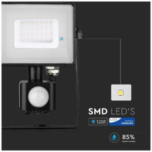 LED Προβολέας 30W slim SMD SAMSUNG CHIP με Ανιχνευτή Κίνησης IP65 Μαύρος Ψυχρό Λευκό 5 Χρόνια Εγγύηση 462