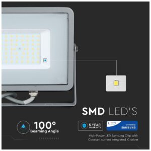 V-TAC Προβολέας LED SMD 50W 4000lm 100° IP65 Samsung Chip G2 Γκρι Σώμα Φυσικό Λευκό 21464