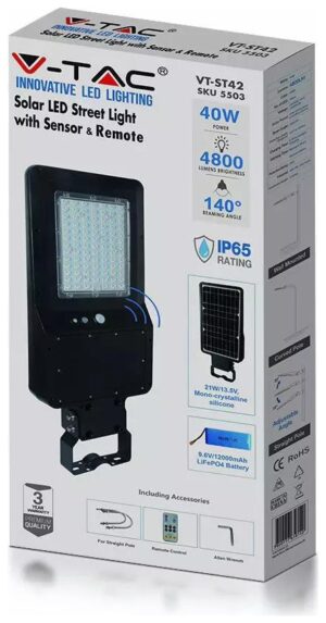 ΗΛΙΑΚΟ ΦΩΤΙΣΤΙΚΟ ΔΡΟΜΟΥ LED 40W 6000K (120LM/W) V-TAC 5504