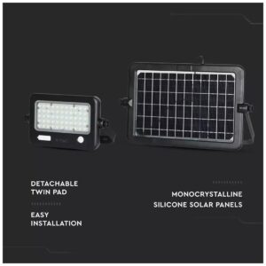 V-TAC LED Ηλιακός Προβολέας 10W Μαύρος με Ανιχνευτή κίνησης και Διακόπτη με Διάφορες Λειτουργίες Φως Ημέρας 8674