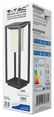 V-TAC LED ηλιακό φωτιστικό επιδαπέδιο 2W Θερμό λευκό 3000K Μαύρο σώμα με ανιχνευτή SKU: 21785