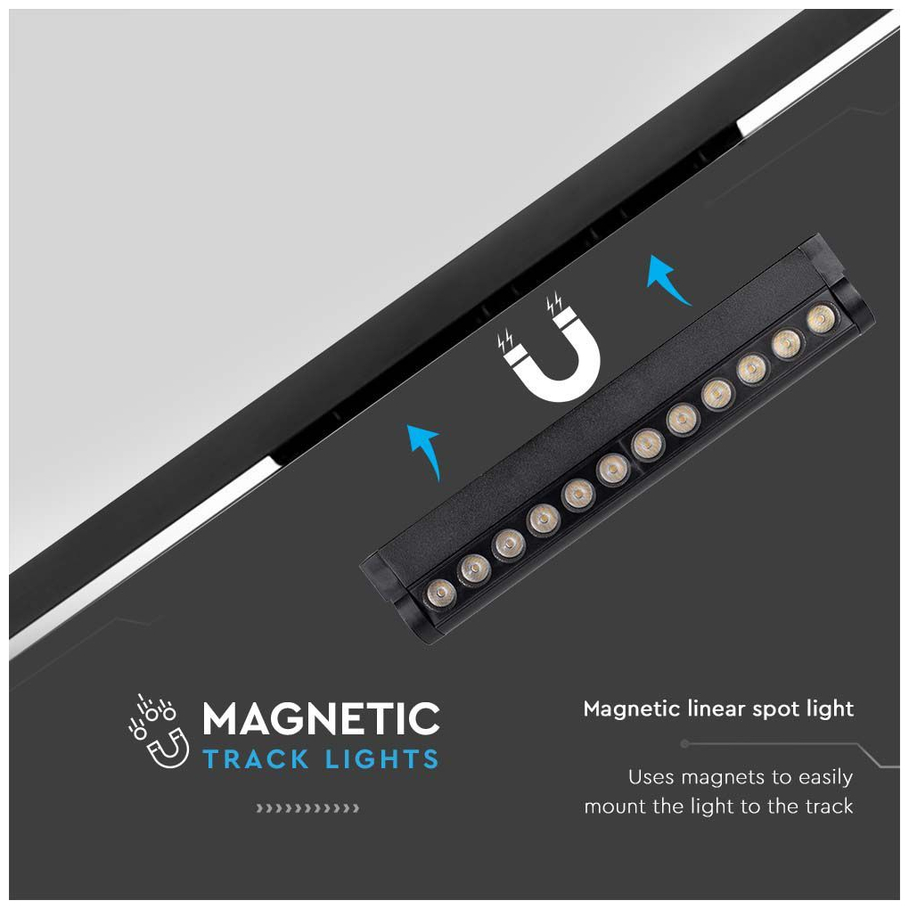 V-TAC LED μαγνητικό φωτιστικό ράγας 48V 12W SMD 3000K θερμό λευκό μαύρο σώμα ρυθμιζόμενο SKU 10261