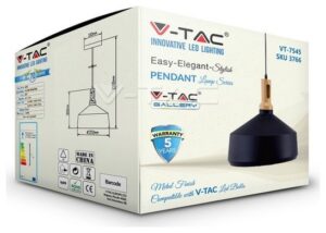 Κρεμαστό Φωτιστικό V-TAC Μεταλλικό Μεγάλο Καπέλο Μαύρο με Ξύλινη Βάση και ντουί Ε27 Φ350 3766