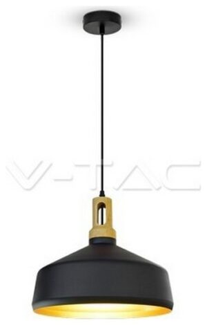 Κρεμαστό Φωτιστικό V-TAC Μεταλλικό Μεγάλο Καπέλο Μαύρο με Ξύλινη Βάση και ντουί Ε27 Φ350 3766