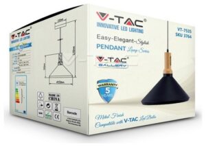 Κρεμαστό Φωτιστικό V-TAC Μεταλλικό Κωνική Καμπάνα Μαύρο με Ξύλινη Βάση και ντουί Ε27 Φ350mm 3764