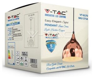 Κρεμαστό Φωτιστικό V-TAC Χαλκός Rose Gold με ντουί Ε27 Φ170 3714