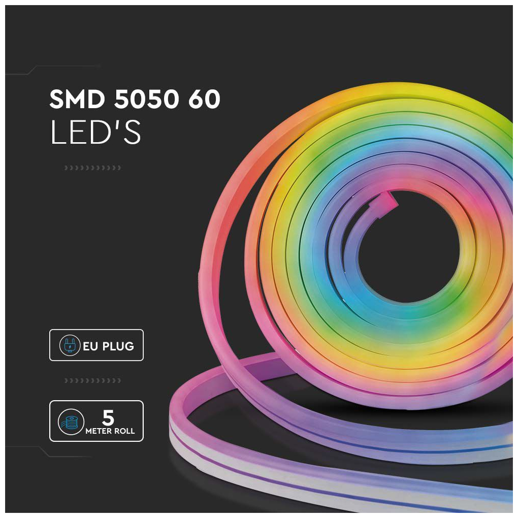 V-TAC Αδιάβροχη Ταινία Neon Flex LED Τροφοδοσίας 220V RGB Μήκους 5m και 60 LED ανά Μέτρο