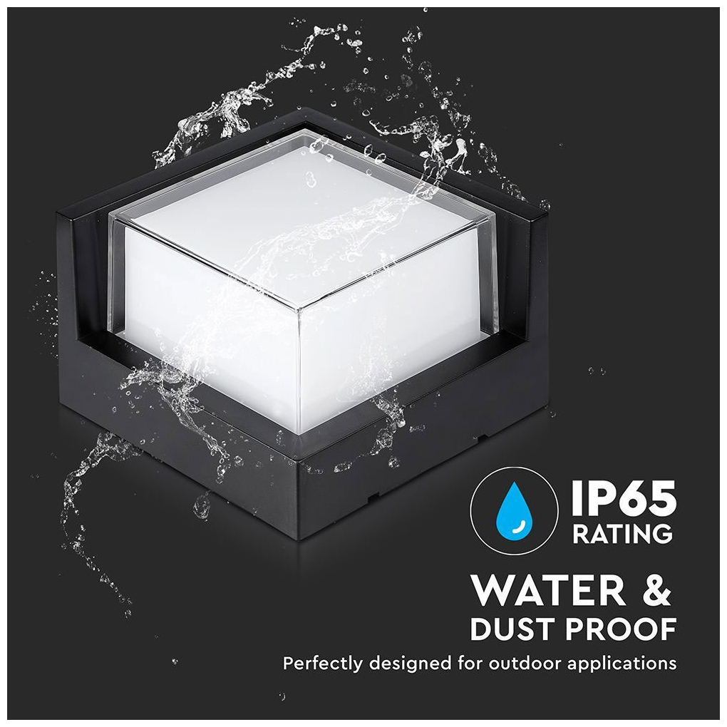 V-TAC Εξωτερικό Επιτοίχιο Φωτιστικό 12W 230V 1160lm 120° IP65 Τετράγωνο Μαύρο Σώμα Ζεστό Λευκό 218539