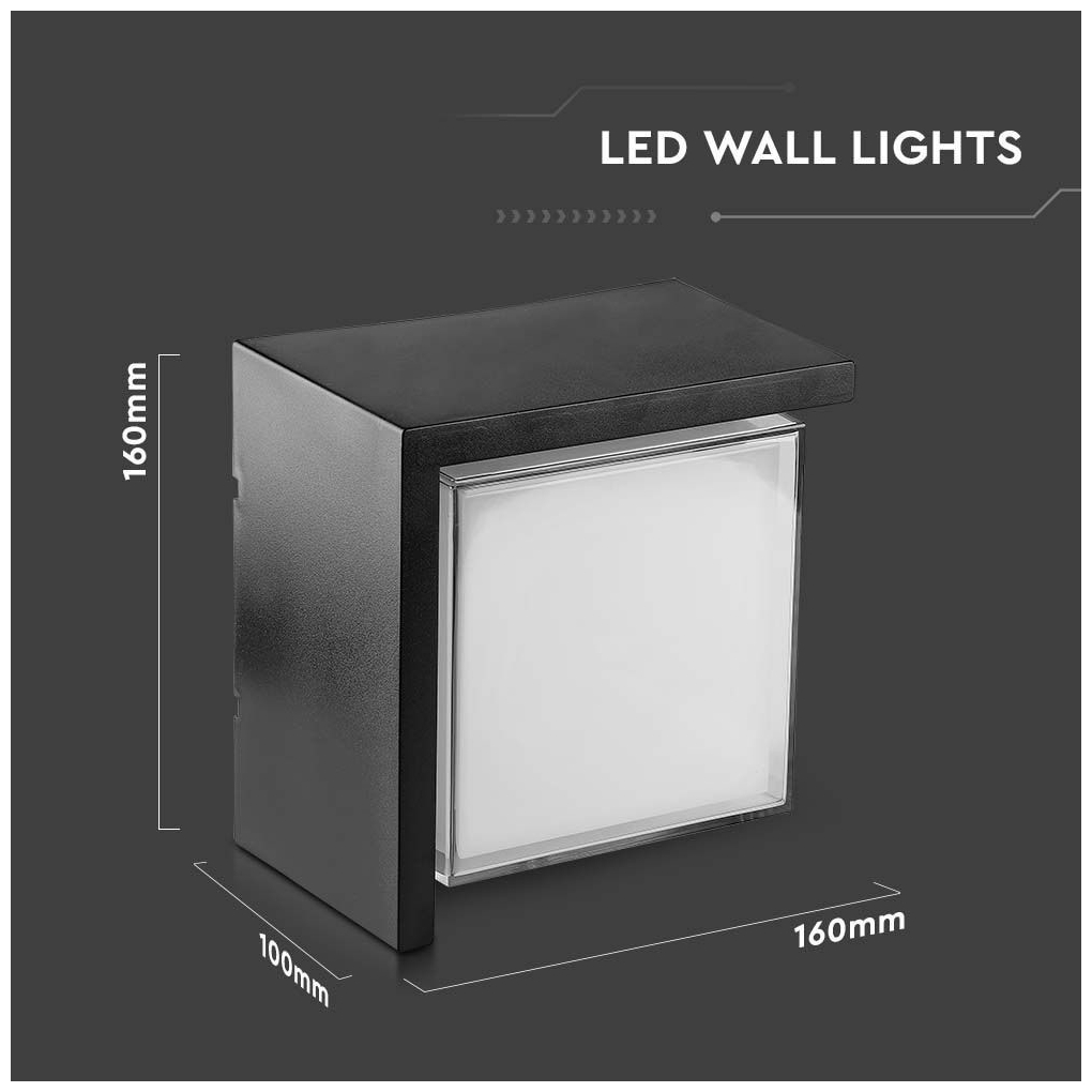 V-TAC Εξωτερικό Επιτοίχιο Φωτιστικό 12W 230V 1160lm 120° IP65 Τετράγωνο Μαύρο Σώμα Ζεστό Λευκό 218539