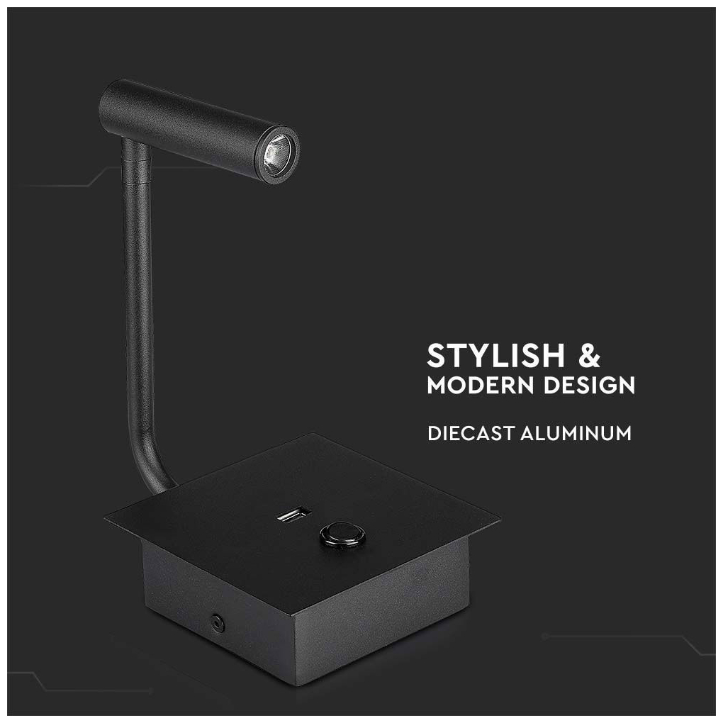 V-TAC Επιτοίχιο Φωτιστικό LED Κρεβατοκάμαρας 3W 230V 15° 150lm IP20 με Διακόπτη & Θύρα USB Ζεστό Λευκό Μαύρο 211487