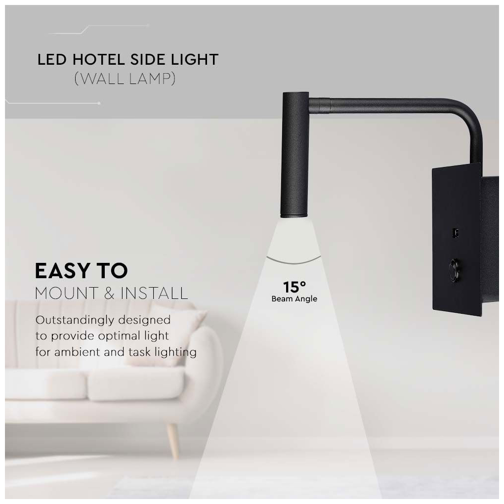V-TAC Επιτοίχιο Φωτιστικό LED Κρεβατοκάμαρας 3W 230V 15° 150lm IP20 με Διακόπτη & Θύρα USB Ζεστό Λευκό Μαύρο 211487