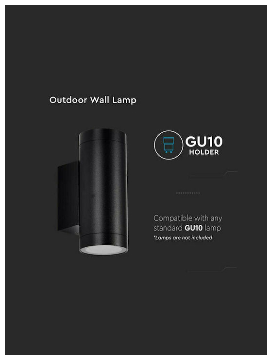 V-TAC Εξωτερικό Επιτοίχιο Φωτιστικό LED για 2xGU10 Up-Down IP54 Κύλινδρος Μαύρο Σώμα 2971