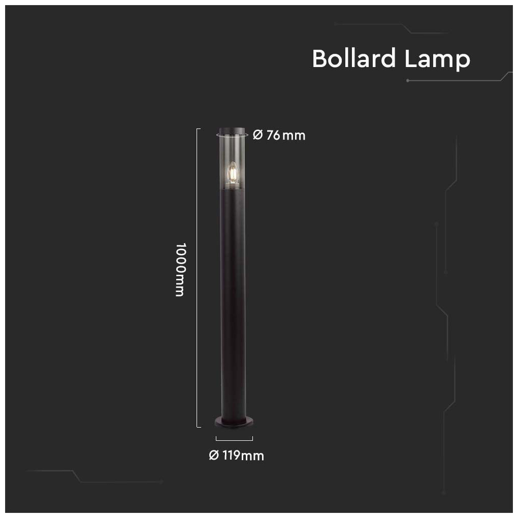 V-TAC Επιδαπέδιο Φωτιστικό Κήπου για E27 LED IP44 1m Στρογγυλό Smoke Plastic Μαύρο 10472