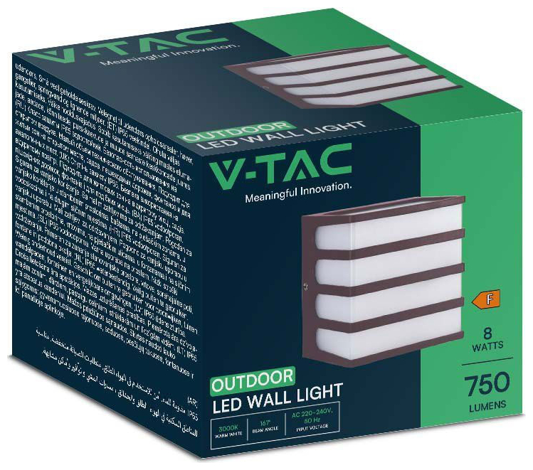 V-TAC Επιτοίχιο Φωτιστικό LED 8W 230V 750lm 167° IP65 Τετράγωνο Ζεστό Λευκό Καφέ Σώμα 10284