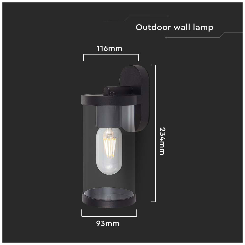 V-TAC Επιτοίχιο Φωτιστικό Κήπου E27 Στρογγυλό με Διάφανο Γυαλί Μαύρο Ματ 10417