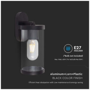 V-TAC Επιτοίχιο Φωτιστικό Κήπου E27 Στρογγυλό με Διάφανο Γυαλί Μαύρο Ματ 10417