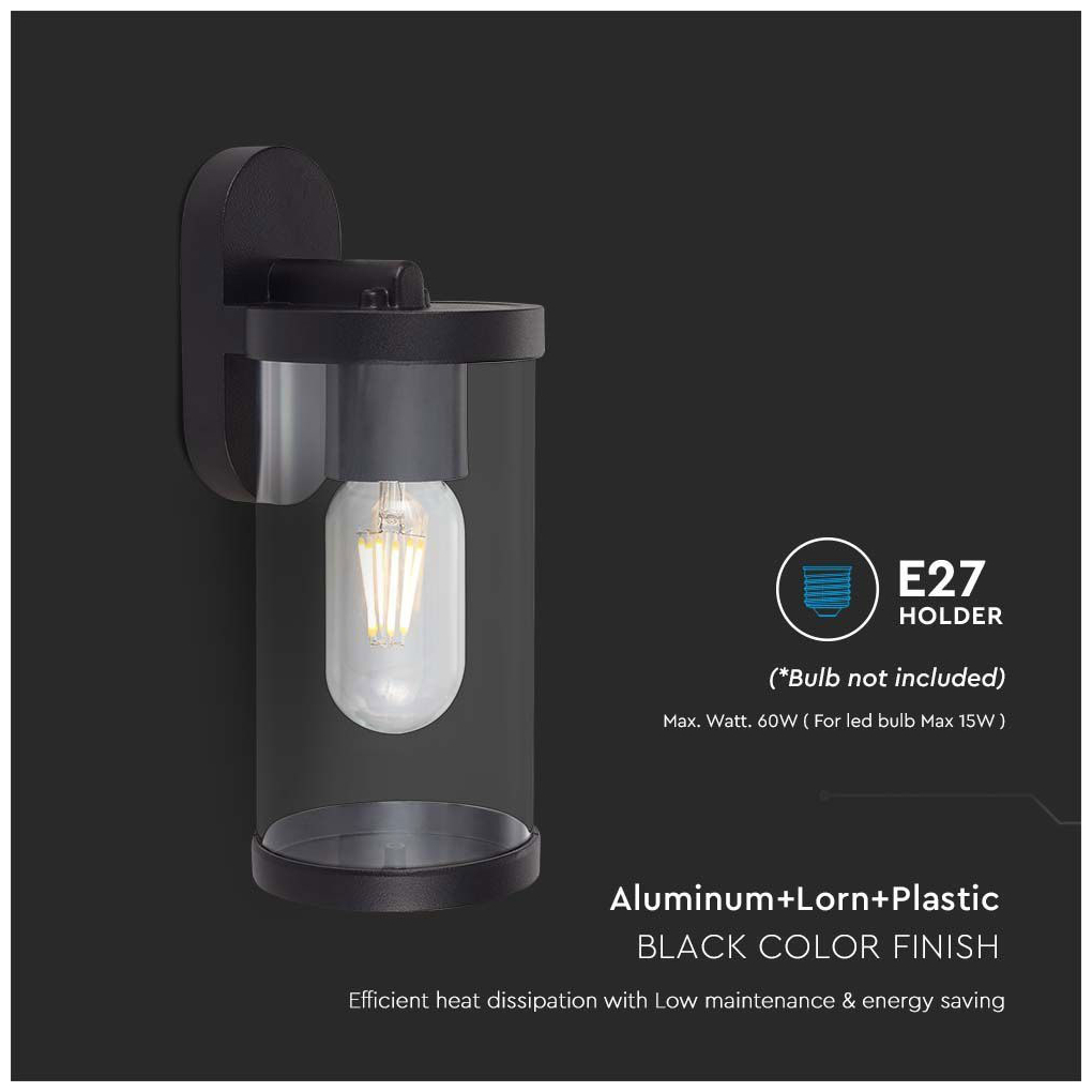 V-TAC Επιτοίχιο Φωτιστικό Κήπου E27 Στρογγυλό με Διάφανο Γυαλί Μαύρο Ματ 10417