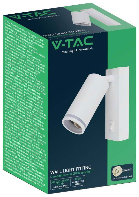 V-TAC Επιτοίχιο Φωτιστικό Σποτ Κομοδίνου για GU10 LED IP20 με Διακόπτη Άσπρο Σώμα 10295