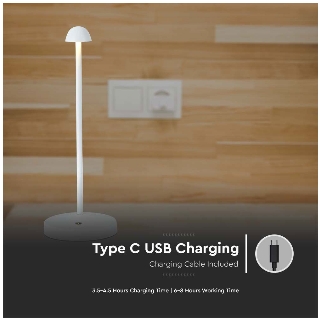 V-TAC Επιτραπέζιο Φωτιστικό 1.6W 130lm 120° IP20 CCT 3σε1 Επαναφορτιζόμενο Touch Dimmable Άσπρο Σώμα 10329