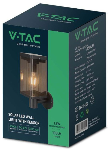 V-TAC Ηλιακό Επιτοίχιο Φωτιστικό Κήπου LED 2.5W 100lm IP54 με Αισθητήρα Μικροκυμάτων Ζεστό Λευκό Μαύρο Σώμα 23010