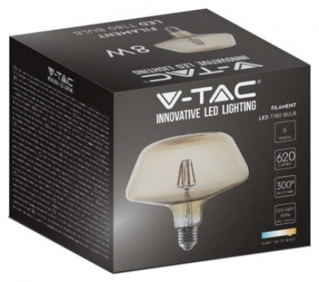 V-TAC Λάμπα LED E27 T180 Filament 8W θερμό λευκό 1800K γυαλί amber SKU: 212790