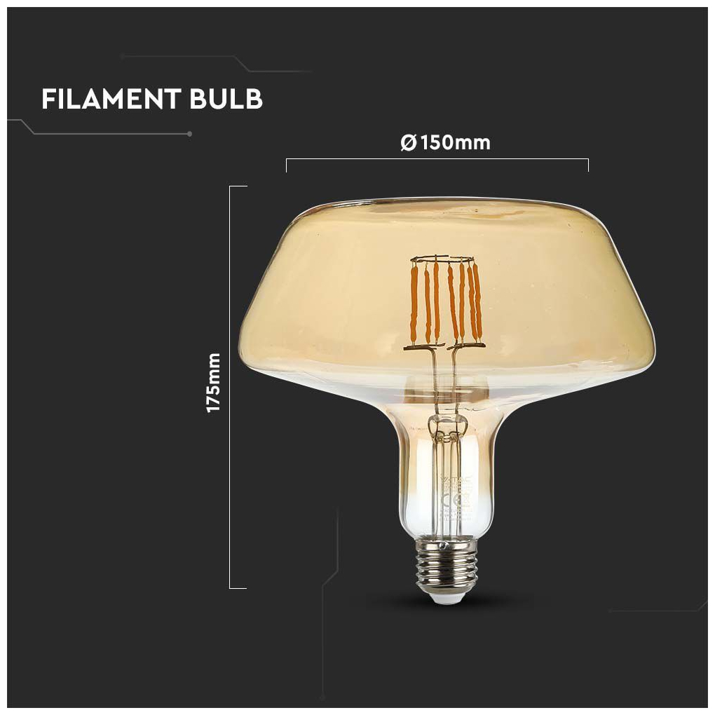 V-TAC Λάμπα LED E27 T180 Filament 8W θερμό λευκό 1800K γυαλί amber SKU: 212790