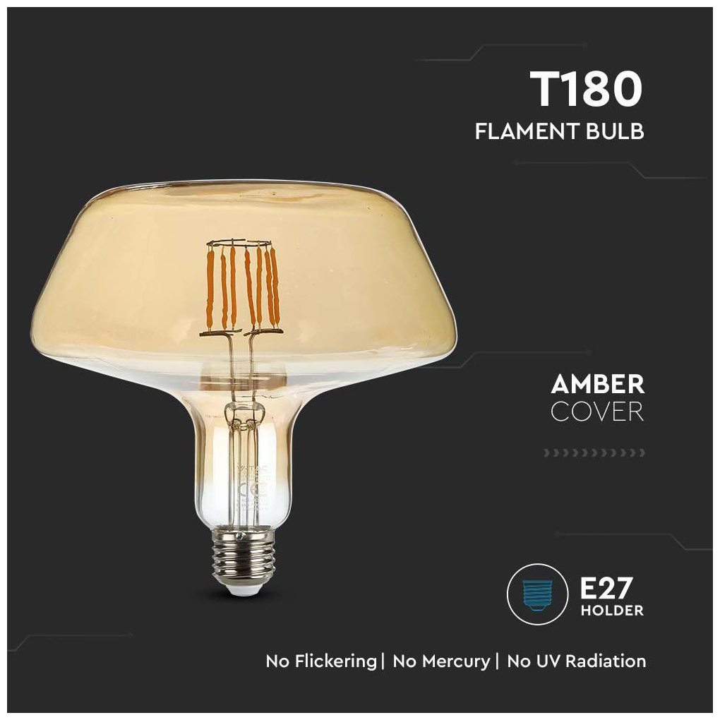 V-TAC Λάμπα LED E27 T180 Filament 8W θερμό λευκό 1800K γυαλί amber SKU: 212790