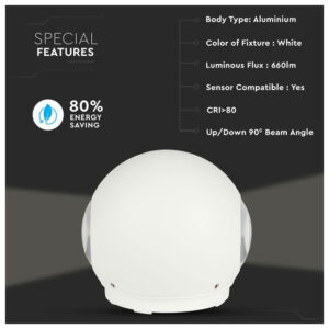 V-TAC Φωτιστικό LED Aπλίκα Τοίχου Σφαίρα 6W 230V 90° 476lm IP65 Up-Down Άσπρο Σώμα Φυσικό Λευκό 218302