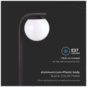 V-TAC Φωτιστικό Κήπου Στύλος E27 Στρογγυλό Μαύρο Ματ 10421