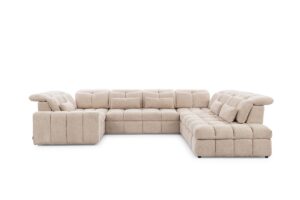 Γωνιακός καναπές-κρεβάτι Magner U σε σχήμα "Π" με αποθηκευτικό χώρο & ηλεκτρικά επεκτεινόμενα καθίσματα 342x107x280cm - Εκρού - Δεξιά Γωνία - BOG4575