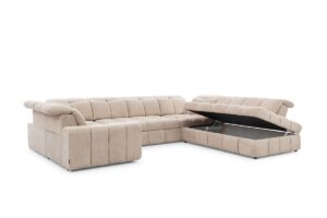 Γωνιακός καναπές-κρεβάτι Magner U σε σχήμα "Π" με αποθηκευτικό χώρο & ηλεκτρικά επεκτεινόμενα καθίσματα 342x107x280cm - Εκρού - Δεξιά Γωνία - BOG4575