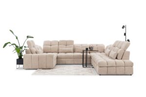 Γωνιακός καναπές-κρεβάτι Magner U σε σχήμα "Π" με αποθηκευτικό χώρο & ηλεκτρικά επεκτεινόμενα καθίσματα 342x107x280cm - Εκρού - Δεξιά Γωνία - BOG4575