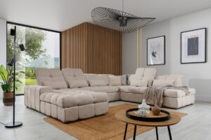 Γωνιακός καναπές-κρεβάτι Magner U III σε σχήμα "Π" με αποθηκευτικό χώρο & ηλεκτρικά επεκτεινόμενα καθίσματα 342x107x280cm - Μπεζ - Δεξιά Γωνία - BOG4575