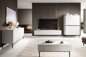 Έπιπλο Τηλεόρασης Niki Λευκό Ματ + Μαύρα Πόδια 150x53x45cm με 3 ντουλάπια - BOG4589