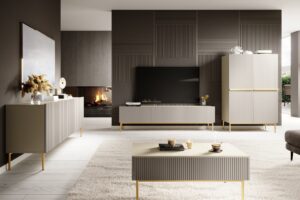 Έπιπλο Τηλεόρασης Niki Μπεζ + Χρυσά Πόδια 150x53x45cm με 3 ντουλάπια - BOG4589