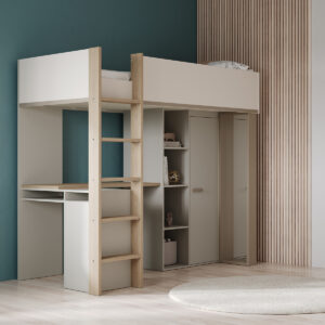 Camillia πολυμορφικό υπερυψωμένο κρεβάτι με σκάλα, γραφείο, βιβλιοθήκη & ντουλάπα 204x104x183εκ. ( για στρώμα 90x200εκ. ) Angora grey/Clay grey/Oak