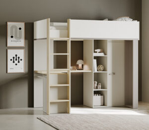 Camillia πολυμορφικό υπερυψωμένο κρεβάτι με σκάλα, γραφείο, βιβλιοθήκη & ντουλάπα 204x104x183εκ. ( για στρώμα 90x200εκ. ) Angora grey/Clay grey/Oak