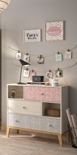 Alika Συρταριέρα με 3 συρτάρια 94x41x95εκ. Whitewashed Chestnut/Grey & Coral print