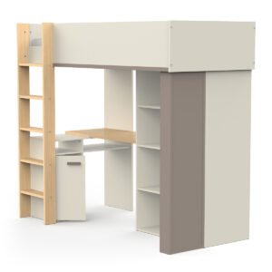 Camillia πολυμορφικό υπερυψωμένο κρεβάτι με σκάλα, γραφείο, βιβλιοθήκη & ντουλάπα 204x104x183εκ. ( για στρώμα 90x200εκ. ) Angora grey/Clay grey/Oak
