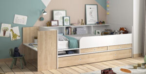 Ewen Κρεβάτι πολυμορφικό μετατρεπόμενο 244/259x110x79εκ. ( για στρώμα 90x140/200εκ. ) με αποθηκευτικούς χώρους και γραφείο Blond Oak / Λευκό