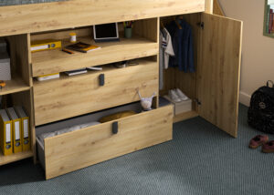 Mael πολυμορφικό υπερυψωμένο κρεβάτι all-in-one με σκάλα, γραφείο, βιβλιοθήκη & ντουλάπα 246x97x138εκ. Viking brown oak